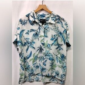 Tahari Women’s White/Blue Floral Button Up - 100% Linen - Size Medium